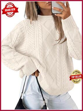 Oversized Cable Knit Pullover Sweater Crewneck Long Sleeve